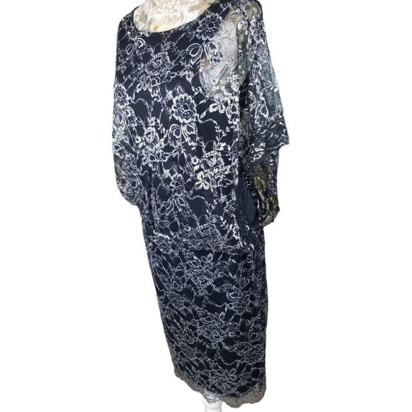 Black Sheer Metallic Silver Sparkle Floral Lace Little Black Dress - Picture 3 of 12